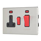 Contactum Lyric 45A 2-Gang DP Cooker Switch & 13A DP Switched Socket Brushed Steel with Neon with Black Inserts