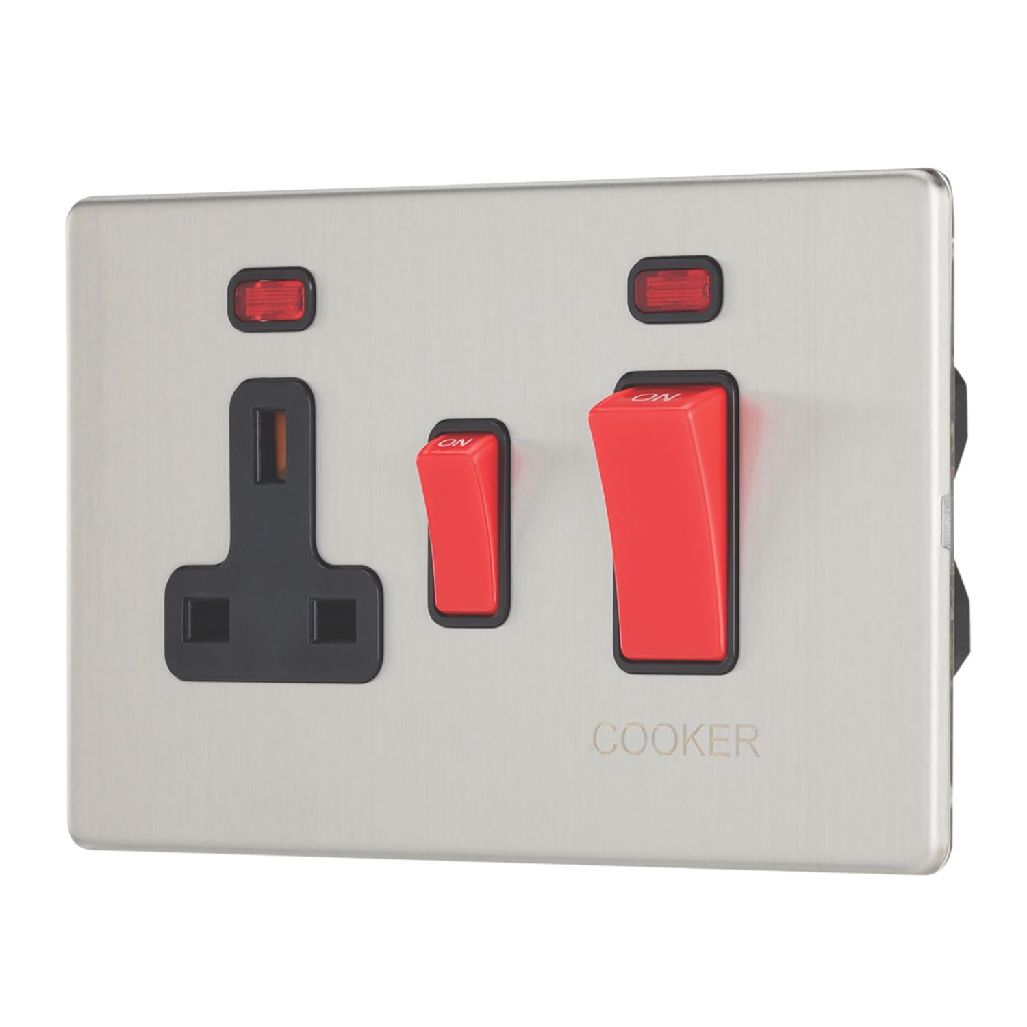 Contactum Lyric 45A 2-Gang DP Cooker Switch & 13A DP Switched Socket Brushed Steel with Neon with Black Inserts (640RP)