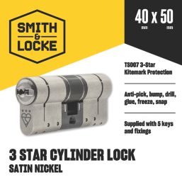Smith & Locke Fire Rated 3 Star Diamond Double Cylinder Lock 50-40 (90mm) Satin Nickel