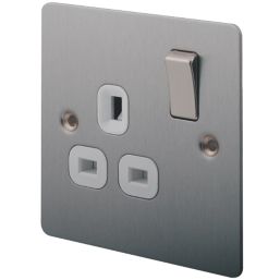 LAP  13A 1-Gang DP Switched Plug Socket Brushed Stainless Steel  with White Inserts