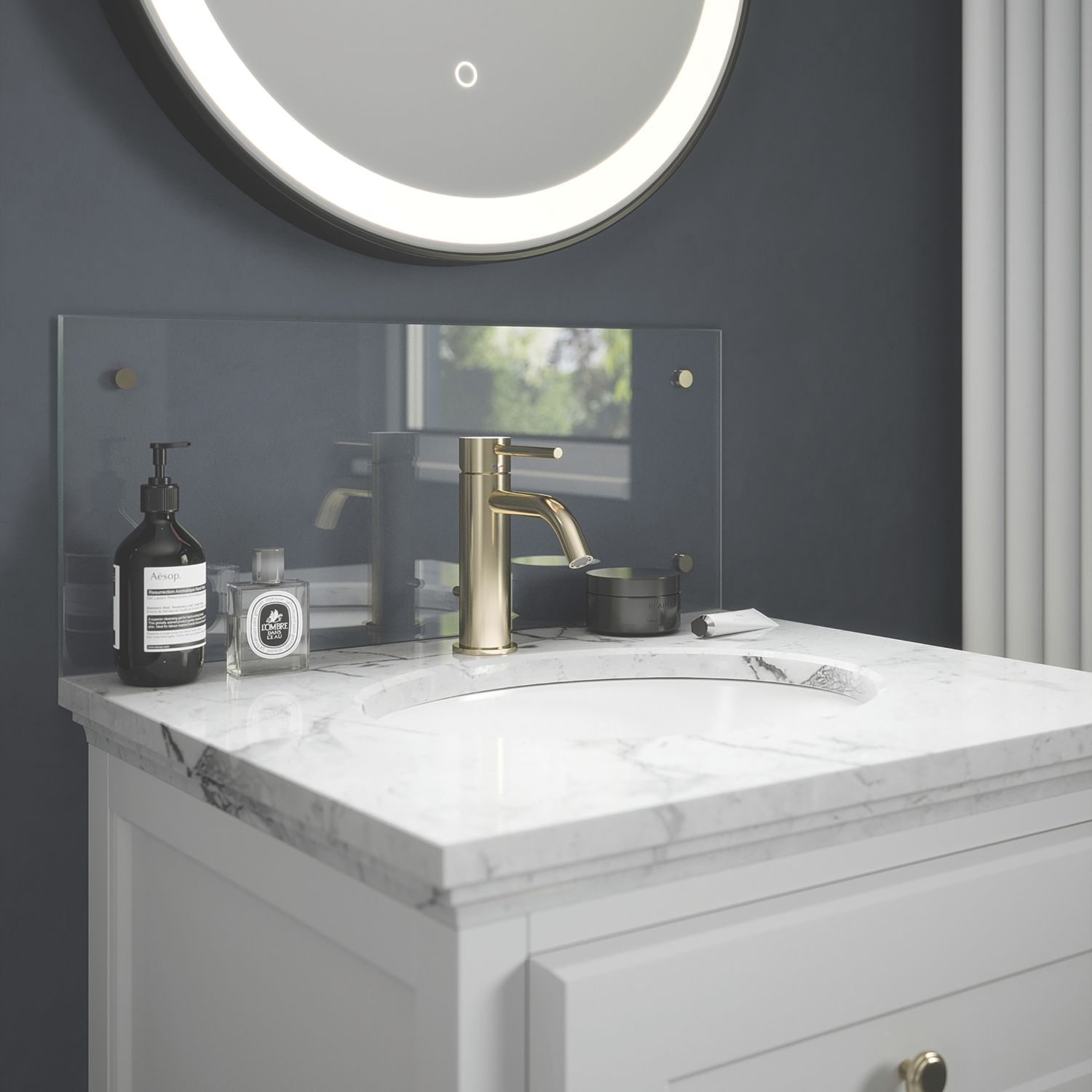 Splashback Bathroom Splashback Crystal Clear with Polished Brass Caps 250mm x 600mm x 4mm (641JL)
