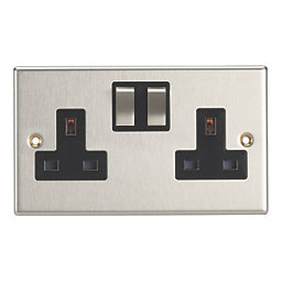 Contactum Iconic 13A 2-Gang DP Switched Socket Outlet Brushed Steel  with Black Inserts