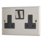 Contactum Iconic 13A 2-Gang DP Switched Socket Outlet Brushed Steel  with Black Inserts