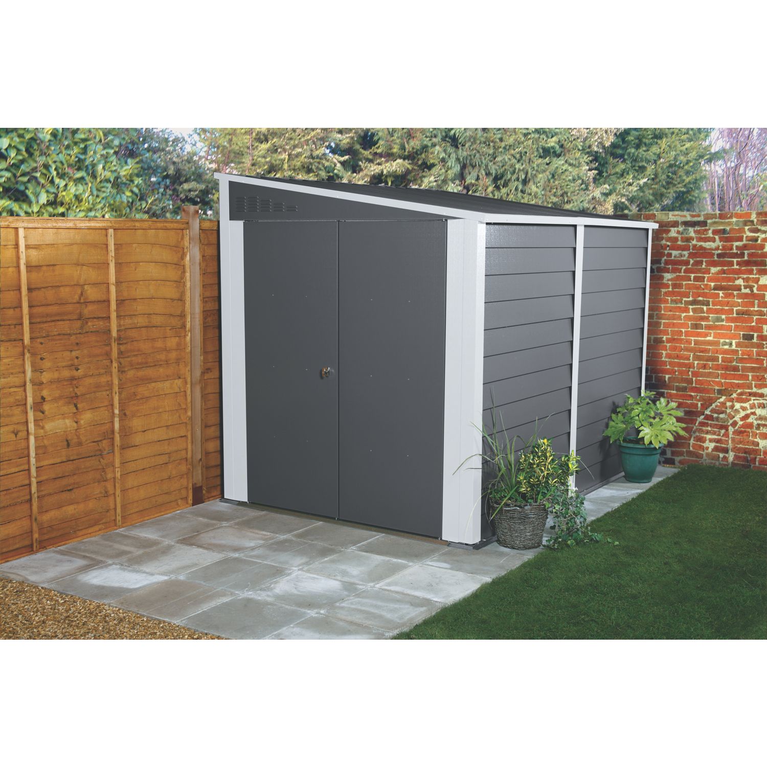Trimetals Titan 960 7' 6" x 10' (Nominal) Pent Metal Motorbike Store Anthracite/Goosewing Grey (641RY)