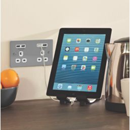 LAP  13A 2-Gang Unswitched Socket + 4.2A 10.5W 4-Outlet Type A USB Charger Brushed Stainless Steel with White Inserts