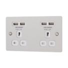 LAP  13A 2-Gang Unswitched Socket + 4.2A 10.5W 4-Outlet Type A USB Charger Brushed Stainless Steel with White Inserts