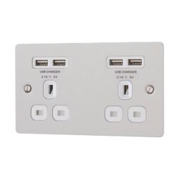 LAP  13A 2-Gang Unswitched Socket + 4.2A 10.5W 4-Outlet Type A USB Charger Brushed Stainless Steel with White Inserts