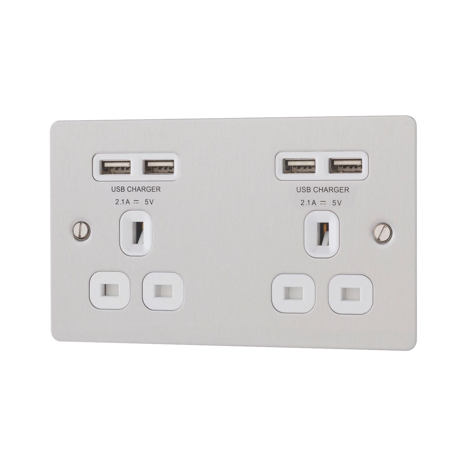 LAP 13A 2-Gang Unswitched Socket + 4.2A 10.5W 4-Outlet Type A USB Charger Brushed Stainless Steel with White Inserts (6424T)