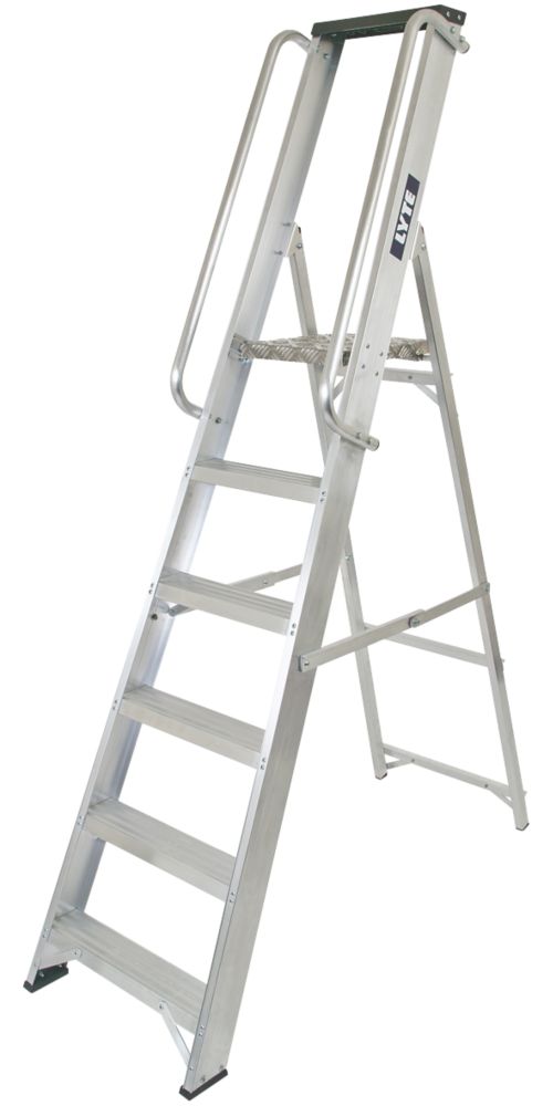 Lyte Aluminium 1.87m 6 Step Platform Step Ladder With Handrail Screwfix