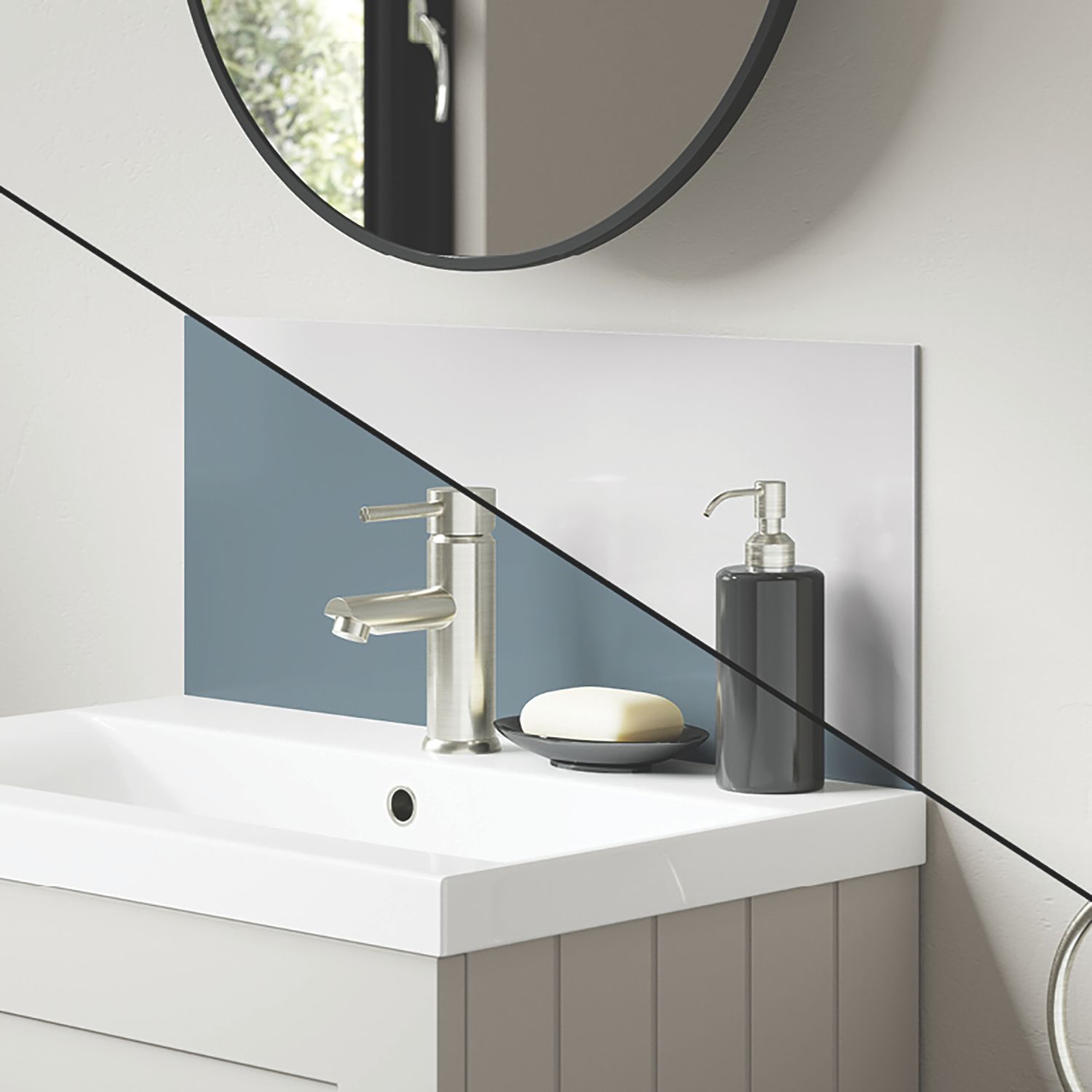 Splashwall Vanity Splashback Gloss Glacier White/Neptune Blue 250mm x 600mm x 4mm (642KU)