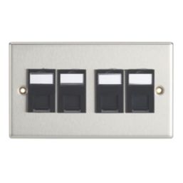 Contactum iConic 4-Gang Double RJ45 Ethernet Socket Brushed Steel with Black Inserts