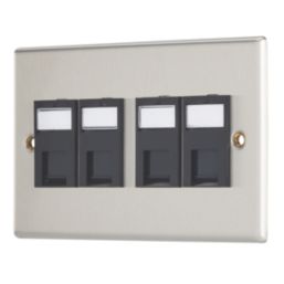 Contactum iConic 4-Gang Double RJ45 Ethernet Socket Brushed Steel with Black Inserts