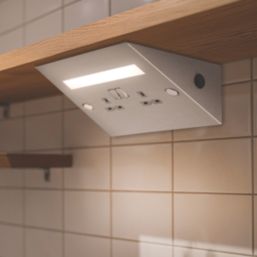 Knightsbridge  13A 2-Gang SP Switched Plug Socket Brushed Chrome  with Grey Inserts