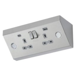 Knightsbridge SKR9 13A 2-Gang SP Switched Socket + 4A 20W 2-Outlet Type A & C USB Charger Brushed Chrome with Grey Inserts