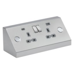 Knightsbridge SKR9 13A 2-Gang SP Switched Socket + 4A 20W 2-Outlet Type A & C USB Charger Brushed Chrome with Grey Inserts