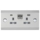 Knightsbridge SKR9 13A 2-Gang SP Switched Socket + 4A 20W 2-Outlet Type A & C USB Charger Brushed Chrome with Grey Inserts
