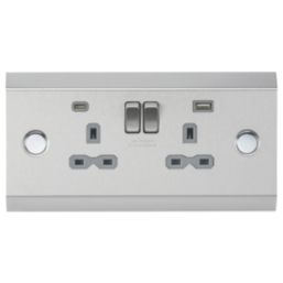Knightsbridge SKR9 13A 2-Gang SP Switched Socket + 4A 20W 2-Outlet Type A & C USB Charger Brushed Chrome with Grey Inserts