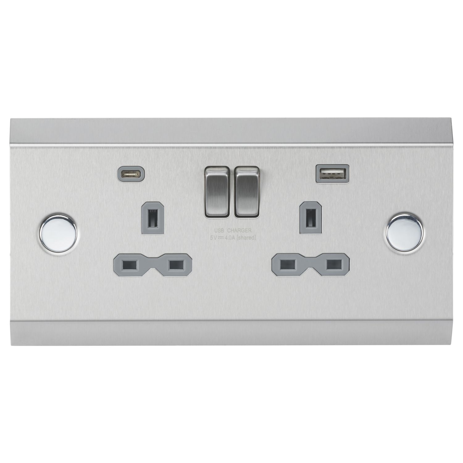 Knightsbridge SKR9 13A 2-Gang SP Switched Socket + 4A 20W 2-Outlet Type A & C USB Charger Brushed Chrome with Grey Inserts (644CR)