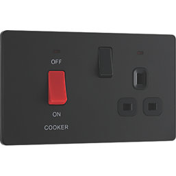 British General Evolve 45A 2-Gang 2-Pole Cooker Switch & 13A DP Switched Socket Matt Black with LED with Black Inserts