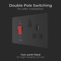 British General Evolve 45A 2-Gang 2-Pole Cooker Switch & 13A DP Switched Socket Matt Black with LED with Black Inserts