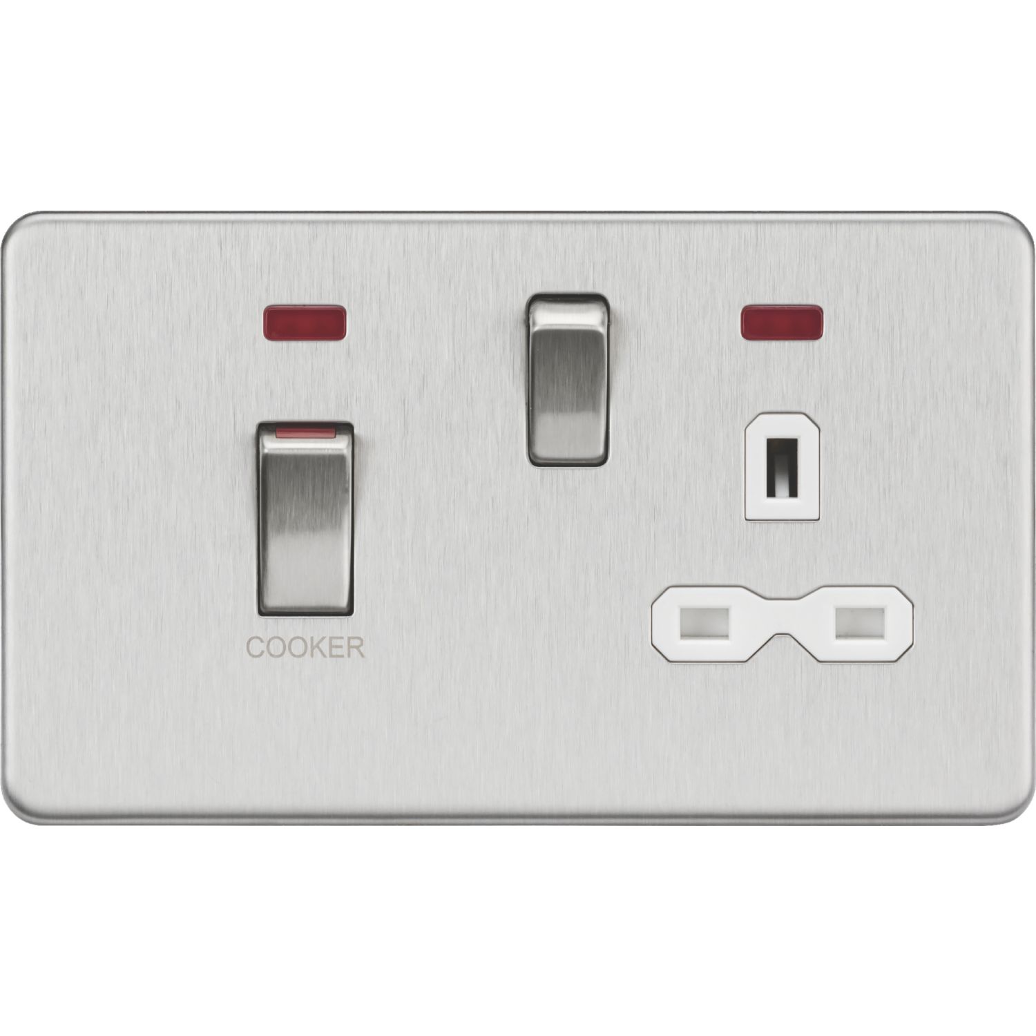 Knightsbridge 45A 2-Gang DP Cooker Switch & 13A DP Switched Socket Brushed Chrome with LED with White Inserts (644VR)