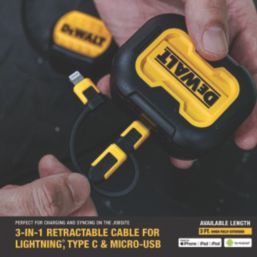 DEWALT USB-A to Micro USB-B / Lightning / USB-C Retractable 3-in-1 Cable 0.9m