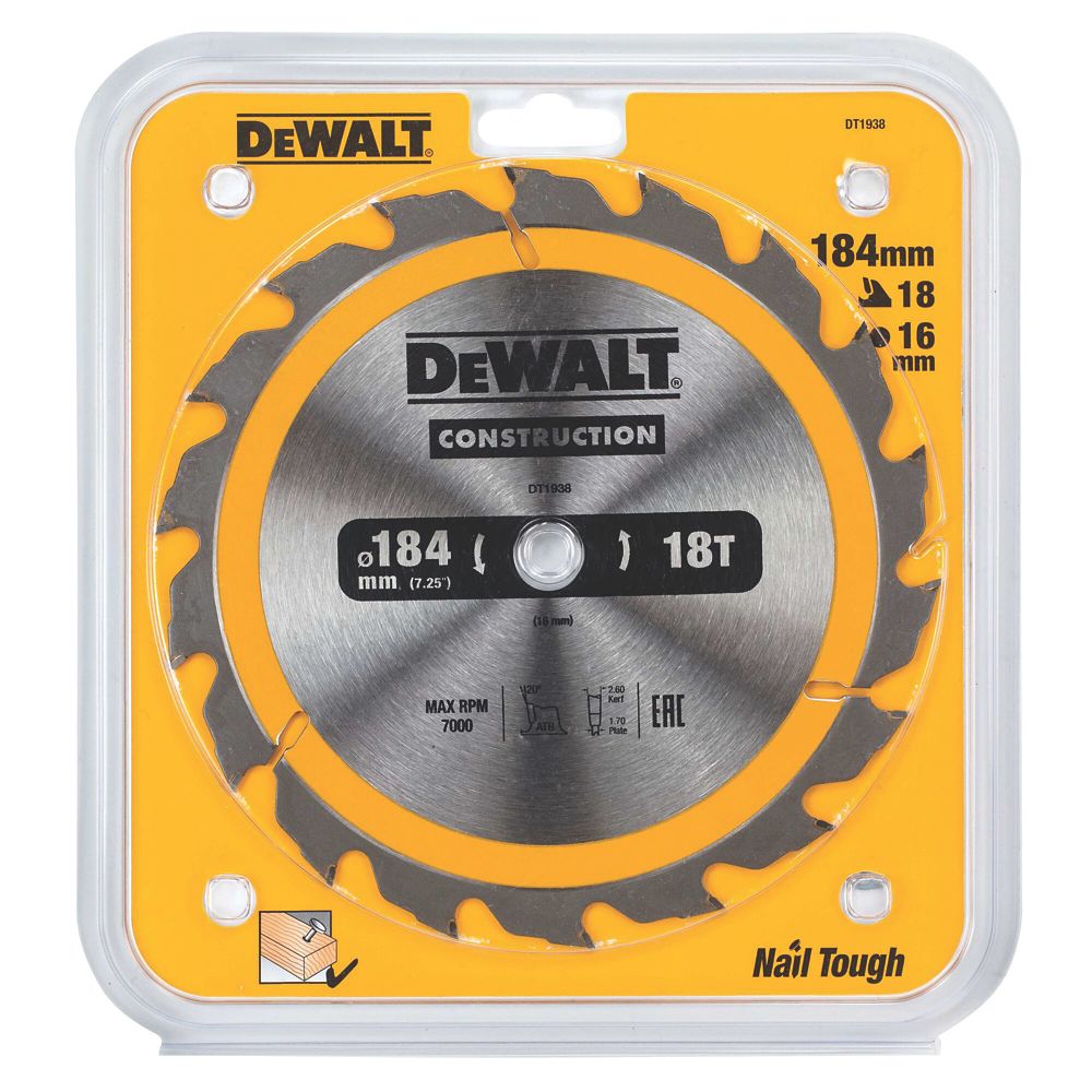 DeWalt Hardwood Construction Circular Saw Blade 184mm x 16mm 18T