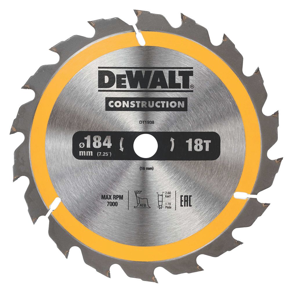 DeWalt Hardwood Construction Circular Saw Blade 184mm x 16mm 18T Screwfix