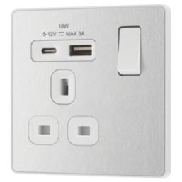 British General Evolve 13A 1-Gang SP Switched Socket + 3A 18W 2-Outlet Type A & C USB Charger Brushed Steel with White Inserts