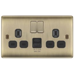 British General Nexus Metal 13A 2-Gang SP Switched Socket + 2.4A 12W 2-Outlet Type A & C USB Charger Antique Brass with Black Inserts