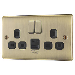 British General Nexus Metal 13A 2-Gang SP Switched Socket + 2.4A 12W 2-Outlet Type A & C USB Charger Antique Brass with Black Inserts