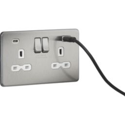 Knightsbridge  13A 2-Gang SP Switched Socket + 4.0A 20W 2-Outlet Type A & C USB Charger Brushed Chrome with White Inserts