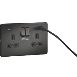 Knightsbridge  13A 2-Gang SP Switched Socket + 4.0A 20W 2-Outlet Type A & C USB Charger Smoked Bronze with Black Inserts