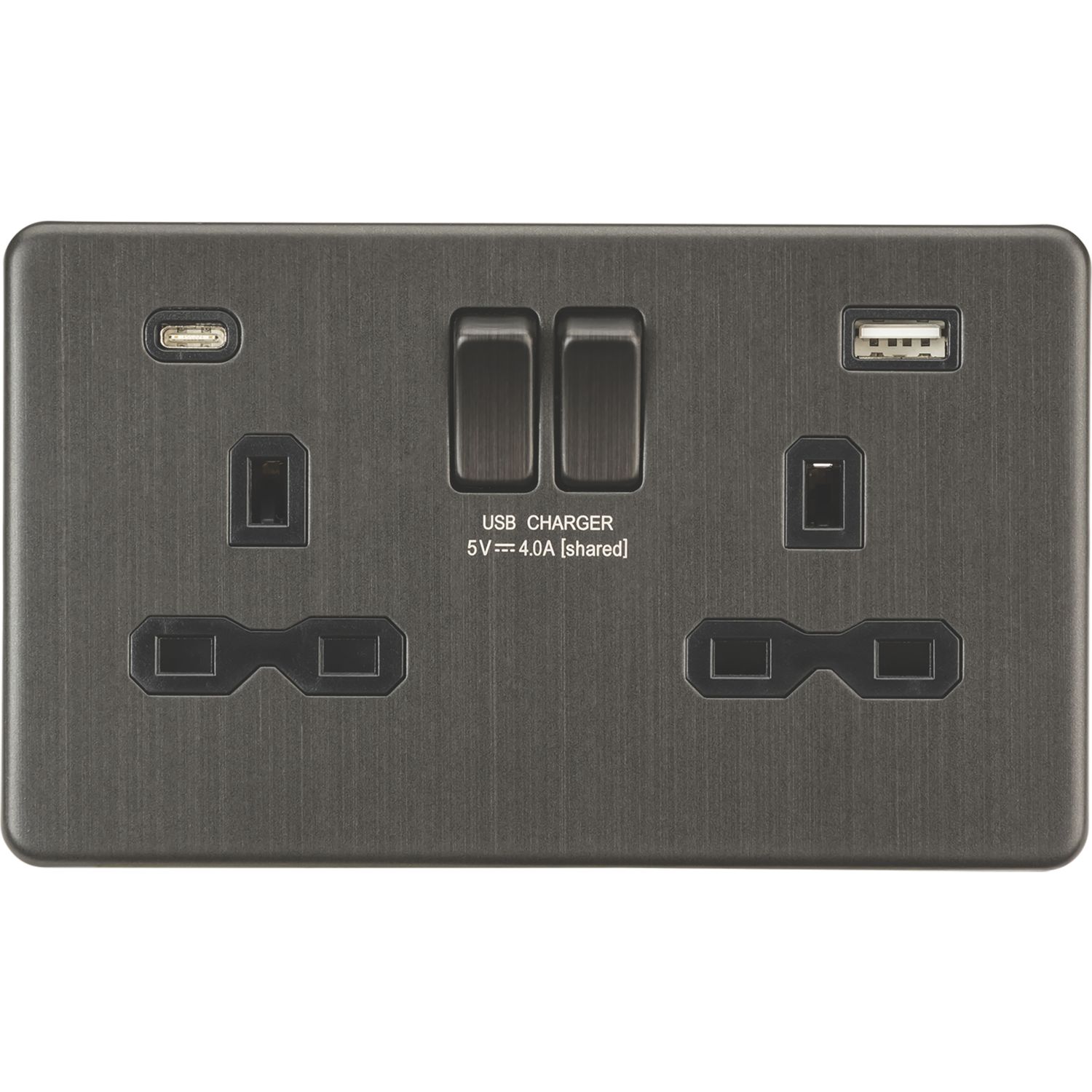 Knightsbridge 13A 2-Gang SP Switched Socket + 4.0A 20W 2-Outlet Type A & C USB Charger Smoked Bronze with Black Inserts (648PY)