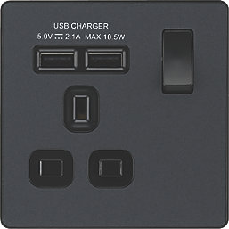 British General Evolve 13A 1-Gang SP Switched Socket + 2.1A 2-Outlet Type A USB Charger Grey with Black Inserts
