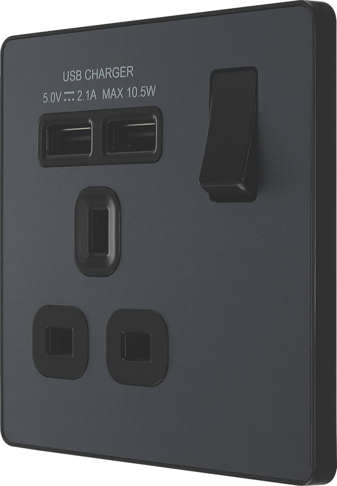British General Evolve 13A 1-Gang SP Switched Socket + 2.1A 10.5W 2-Outlet Type A USB Charger Grey with Black Inserts