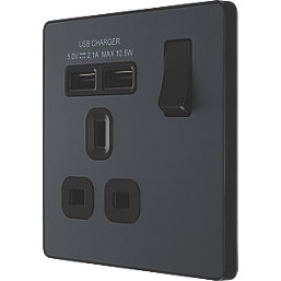 British General Evolve 13A 1-Gang SP Switched Socket + 2.1A 2-Outlet Type A USB Charger Grey with Black Inserts