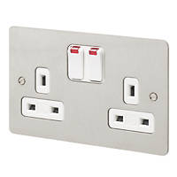 MK Edge 13A 2-Gang DP Switched Plug Socket Brushed Stainless Steel with Neon with White Inserts