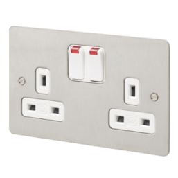 MK Edge 13A 2-Gang DP Switched Plug Socket Brushed Stainless Steel with Neon with White Inserts