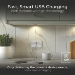 British General Evolve 13A 2-Gang SP Switched Socket + 3A 22W 2-Outlet Type A & C USB Charger Pearlescent White with White Inserts