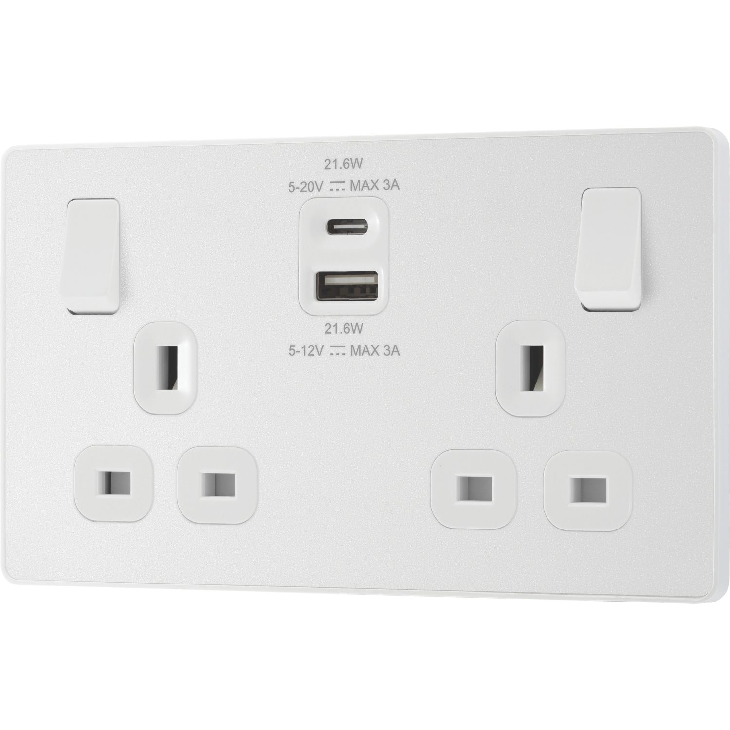 British General Evolve 13A 2-Gang SP Switched Socket + 3A 22W 2-Outlet Type A & C USB Charger Pearlescent White with White Inserts (650YV)