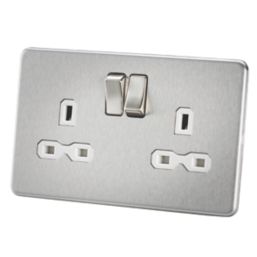 Knightsbridge  13A 2-Gang DP Switched Double Socket Brushed Chrome  with White Inserts