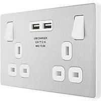 British General Evolve 13A 2-Gang SP Switched Socket + 3.1A 2-Outlet Type A USB Charger Brushed Steel with White Inserts
