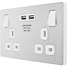 British General Evolve 13A 2-Gang SP Switched Socket + 3.1A 2-Outlet Type A USB Charger Brushed Steel with White Inserts
