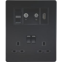 Knightsbridge  13A 2-Gang DP Combination Plate Matt Black with Black Inserts