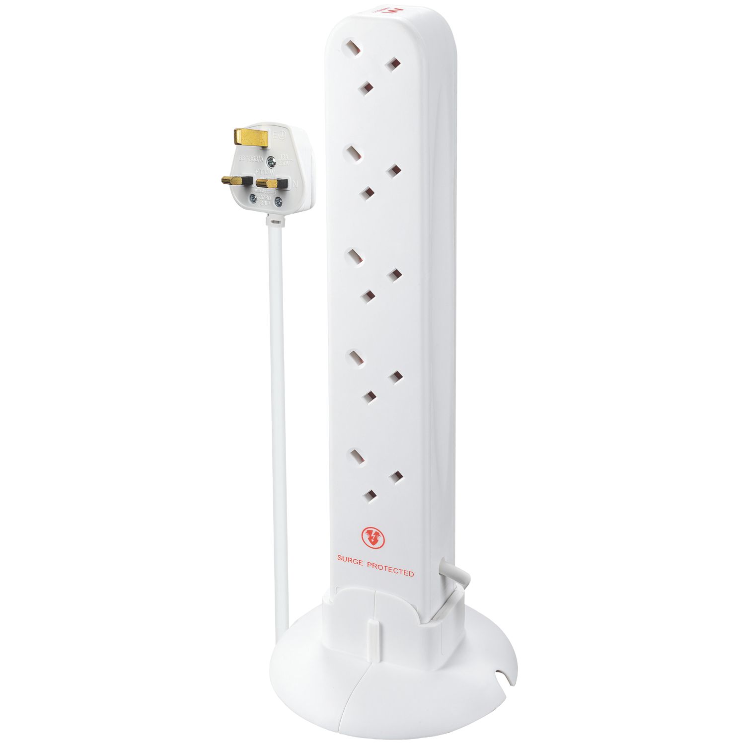 Masterplug 13A 10-Gang Unswitched Surge-Protected Tower Extension Lead White 1m (656XG)