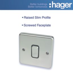 Hager Sollysta WRDP84BSB 20A 1-Gang 2P+E Control Switch Brushed Steel  with Black Inserts