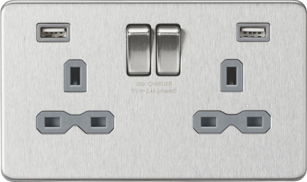 Knightsbridge 13a 2 Gang Sp Switched Socket 24a 12w 2 Outlet Type A Usb Charger Brushed 5114