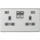 Knightsbridge  13A 2-Gang SP Switched Socket + 2.4A 12W 2-Outlet Type A USB Charger Brushed Chrome with Colour-Matched Inserts