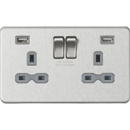 Knightsbridge SFR9224BCG 13A 2-Gang SP Switched Socket + 2.4A 2-Outlet Type A USB Charger Brushed Chrome with Colour-Matched Inserts